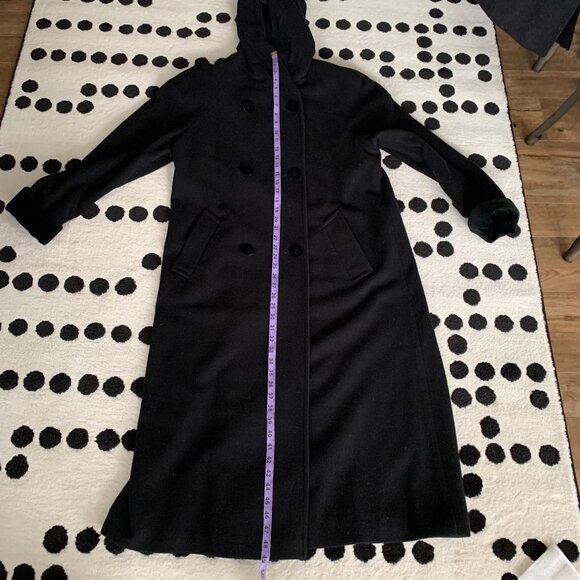 Vintage 90s Double Breasted Hooded Wool Velvet Trim Long Maxi Pea Coat Overcoat - Picture 15 of 15